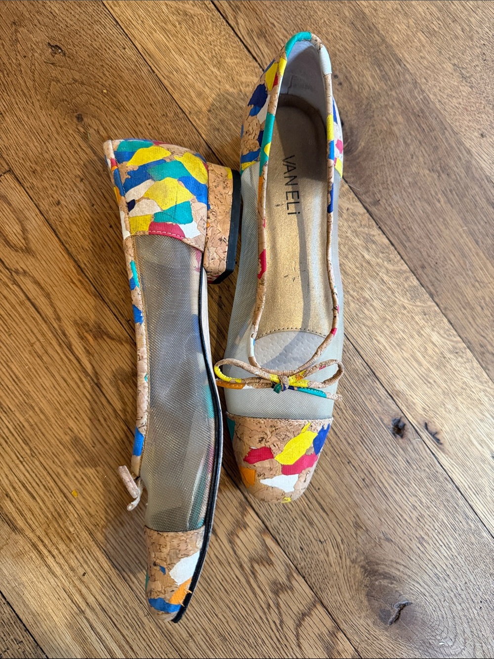 Vaneli Multicolor Cork Block Heel Flats with Bow Accents